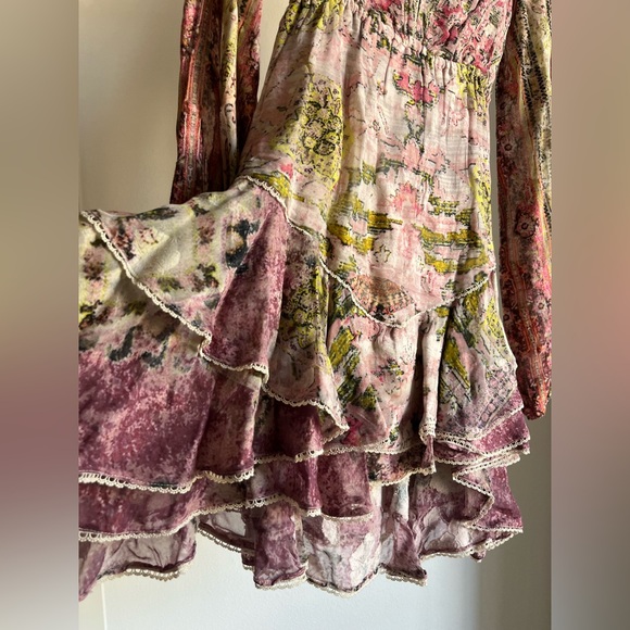 Hemant & Nandita Maya pink floral paisley ruffle V neck long sleeve mini dress S - Picture 14 of 16